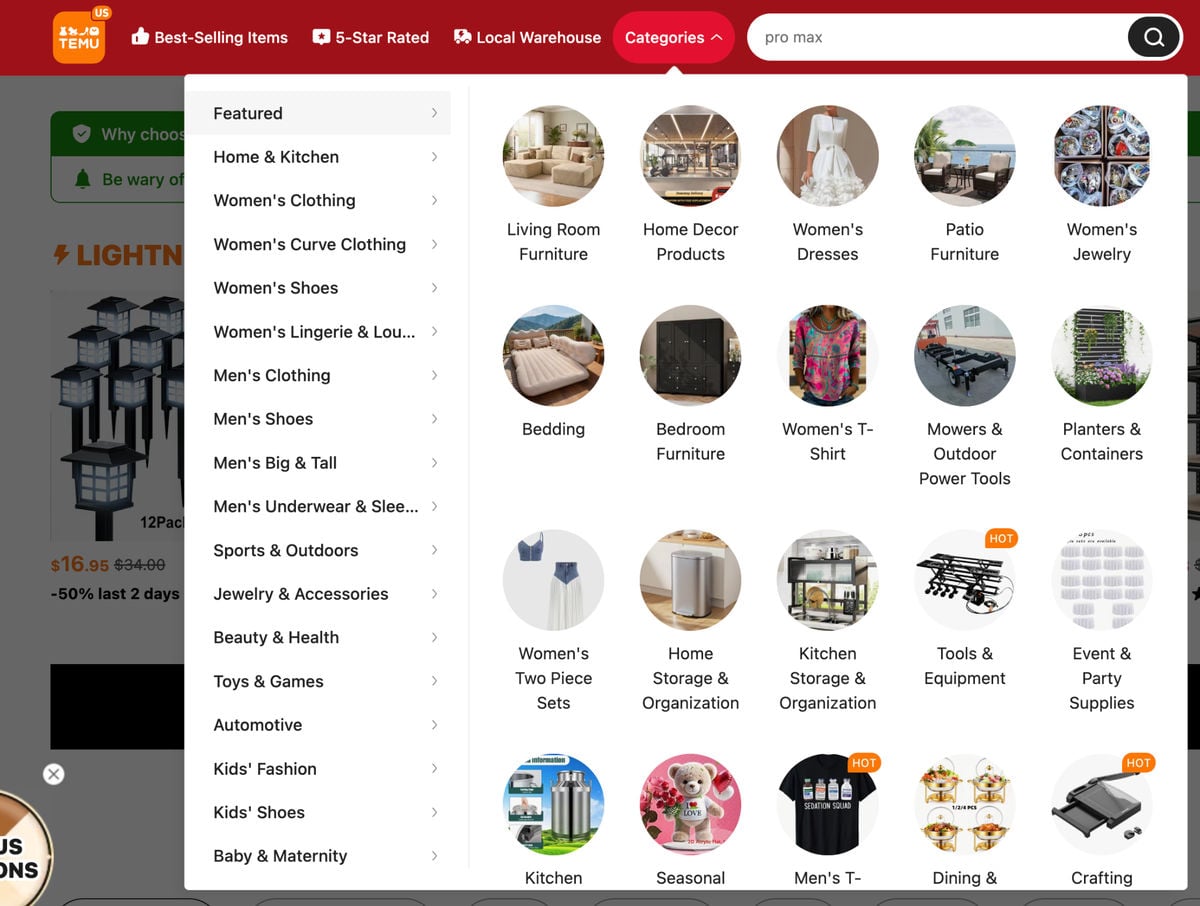 Temu Product Category