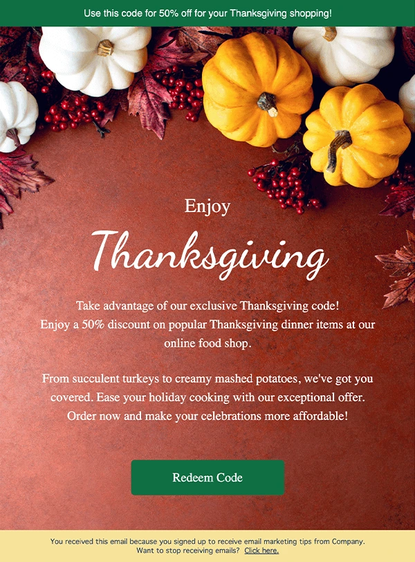 Thanksgiving-themed early access sale email