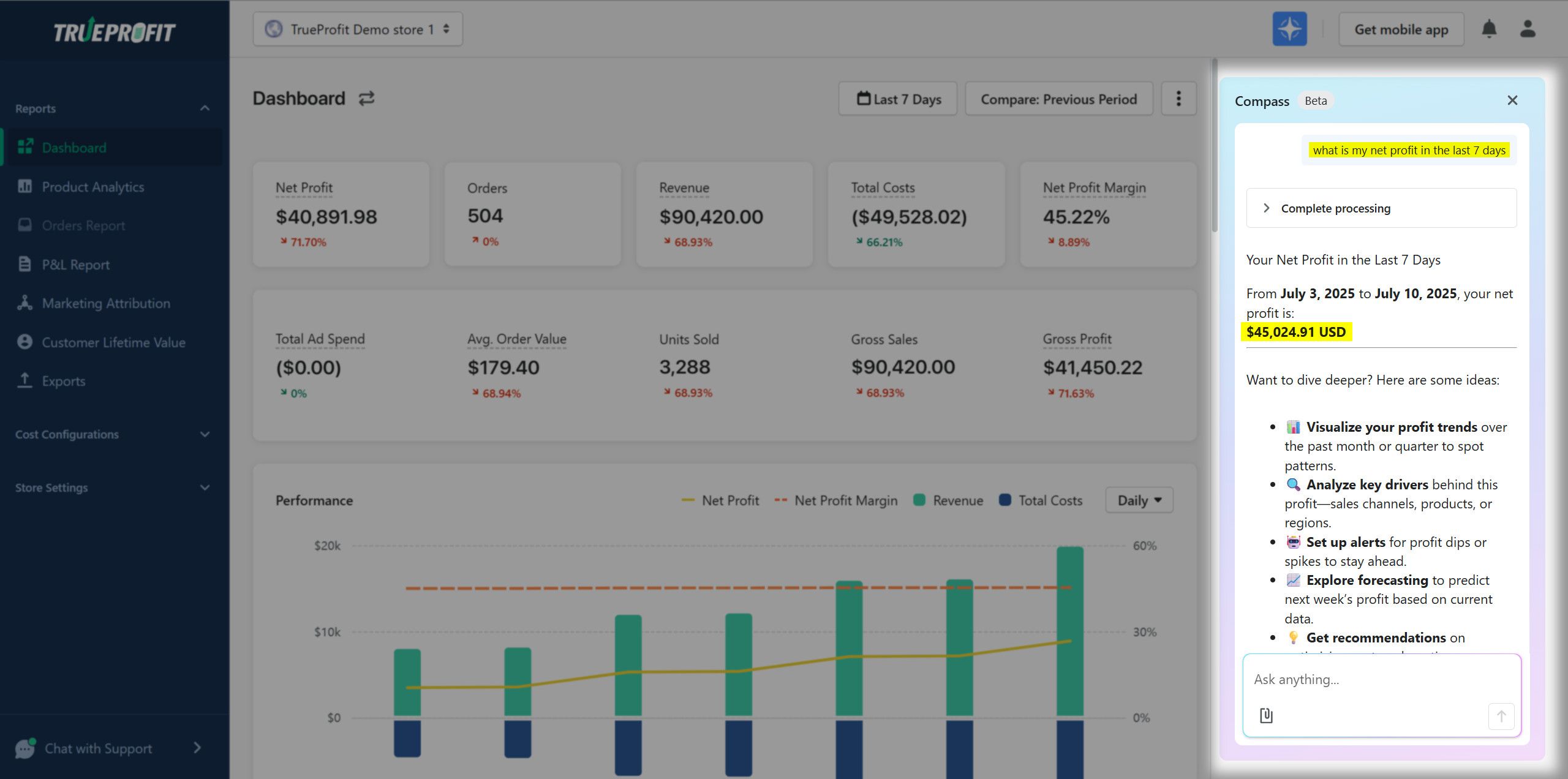 TrueProfit AI assistant feature screenshot showing how the app provides intelligent profit insights and recommendations alongside comprehensive Shopify profit tracking dashboard with real-time financial metrics and performance analytics
