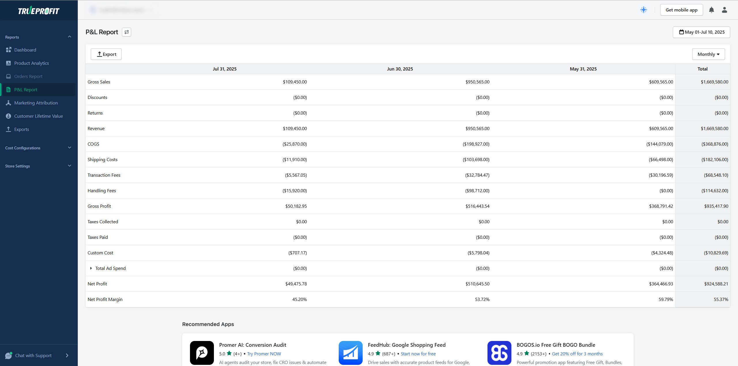 TrueProfit automated P&L report feature screenshot showing how the app generates professional profit and loss statements with detailed cost breakdowns, net profit calculations, and exportable financial reports for Shopify business accounting