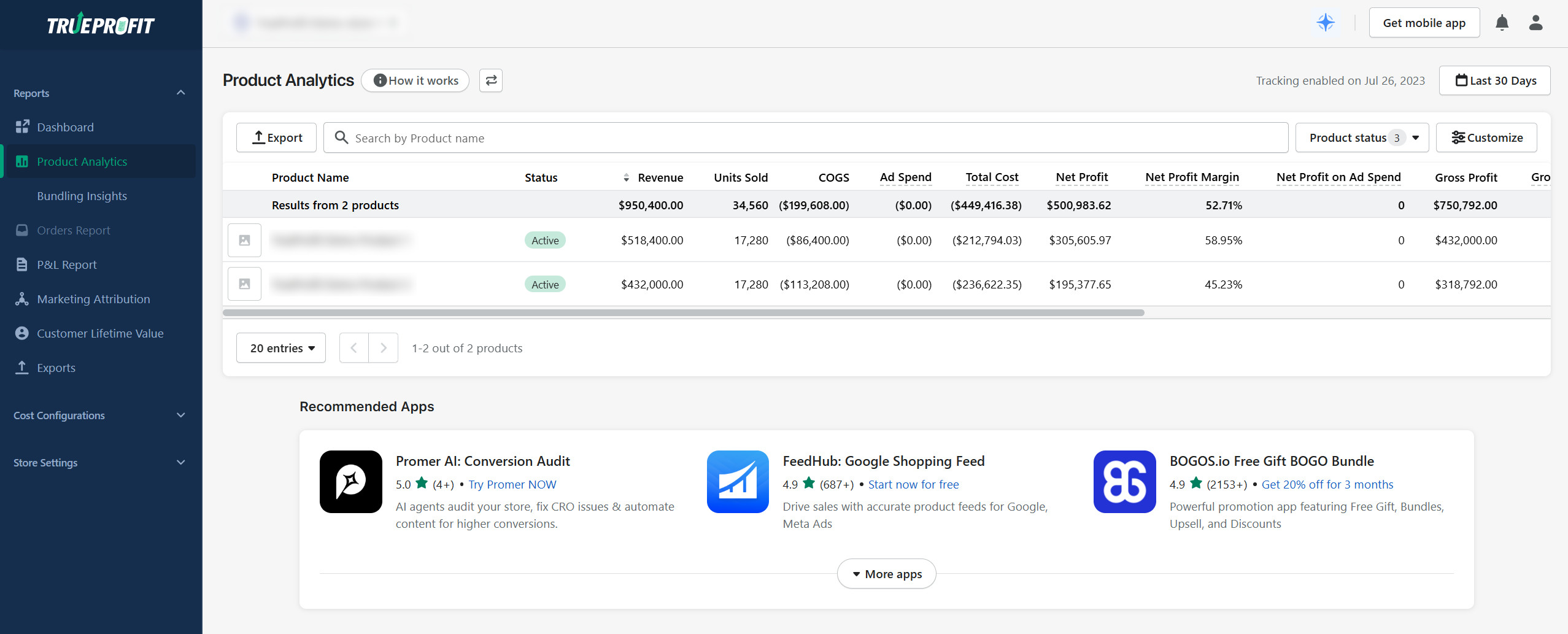 TrueProfit Product Analytics interface displaying profit analysis for 2 products with net profit margins of 58.95% and 45.23%, showing detailed cost breakdown and profitability metrics per product