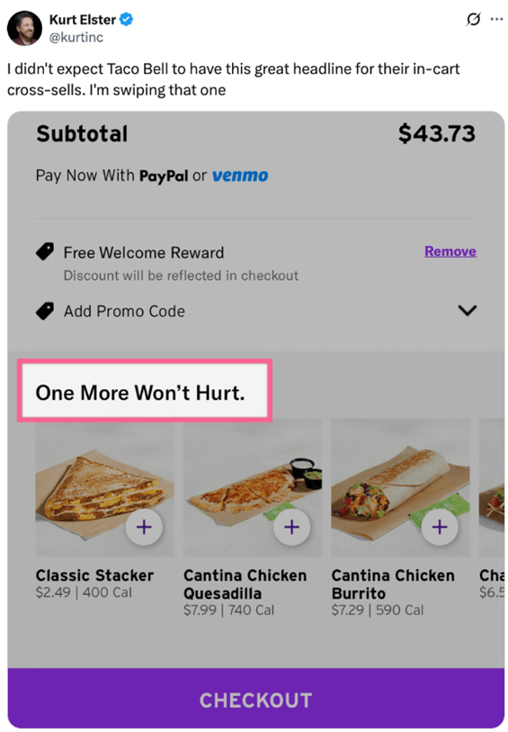 Example of using cross-sell copy in the cart