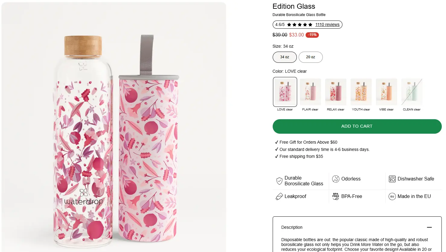 water bottle products webpage example